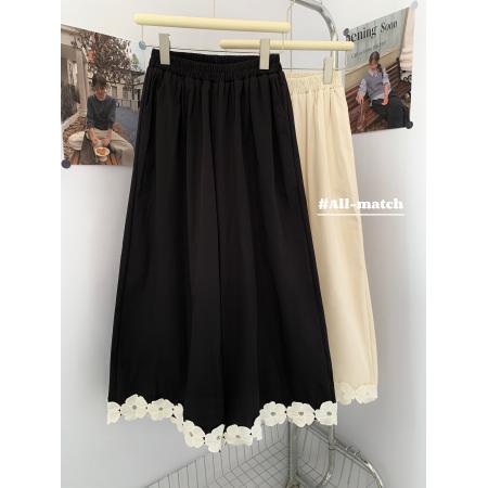 BY15628# 黑色设计感花朵休闲阔腿裤女甜美森系小个子宽松慵懒裙裤子 服裝批發女裝批發服飾貨源