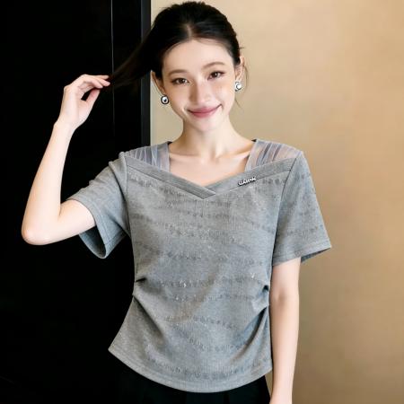 BY15629# 夏季新款国风盘褶皱不规则设计感新中式短袖T恤上衣女 服裝批發女裝批發服飾貨源