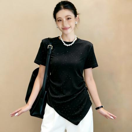 BY15630# 夏季新款灵动星空下摆收腰设计烫钻重工短袖T恤上衣女 服裝批發女裝批發服飾貨源