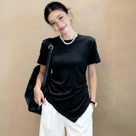 BY15630# 夏季新款灵动星空下摆收腰设计烫钻重工短袖T恤上衣女 服裝批發女裝批發服飾貨源