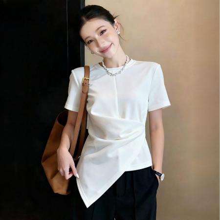 BY15631# 夏季新款白色法式高级简约收腰不规则设计短袖T恤上衣 服裝批發女裝批發服飾貨源