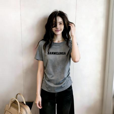 BY15632# 夏季新款下摆收腰修身韩版英文字母圆领短袖T恤上衣女 服裝批發女裝批發服飾貨源