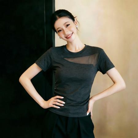 BY15634# 夏季新款性感迷人修身显瘦圆领网纱短袖T恤上衣女 服裝批發女裝批發服飾貨源