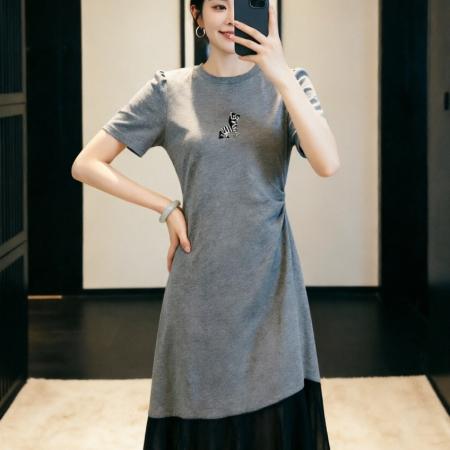 BY15635# 夏季新款赫本风灰色拼接蕾丝收腰显瘦短袖连衣裙女 服裝批發女裝批發服飾貨源
