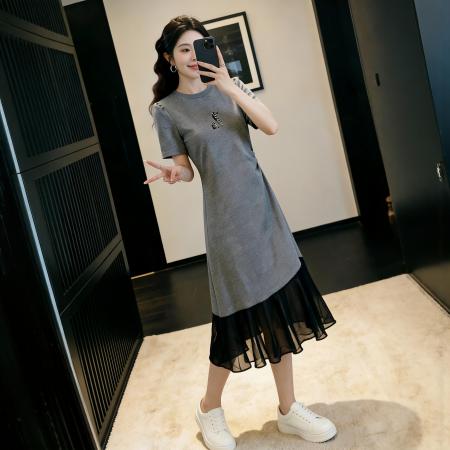 BY15635# 夏季新款赫本风灰色拼接蕾丝收腰显瘦短袖连衣裙女 服裝批發女裝批發服飾貨源