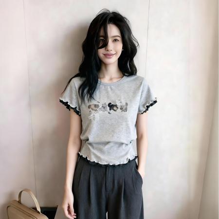 BY15636# 夏季新款韩系猫咪印花蕾丝蝴蝶结短袖木耳边T恤上衣 服裝批發女裝批發服飾貨源