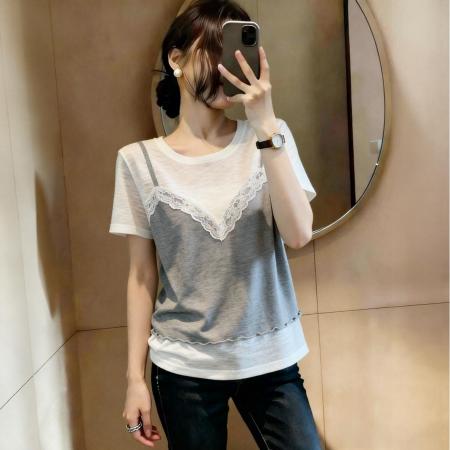 BY15641# 夏季新款胖MM独特别致韩系蕾丝拼接假两件短袖T恤上衣 服裝批發女裝批發服飾貨源