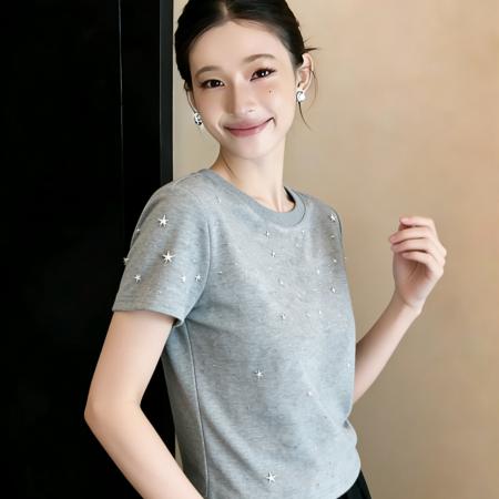 BY15642# 夏季新款韩系慵懒松弛感星星印花正肩灰色短袖T恤上衣 服裝批發女裝批發服飾貨源