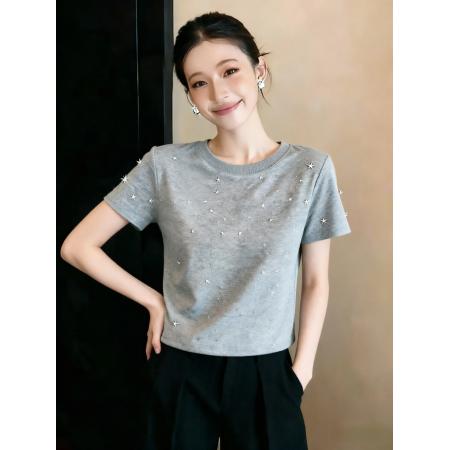BY15642# 夏季新款韩系慵懒松弛感星星印花正肩灰色短袖T恤上衣 服裝批發女裝批發服飾貨源