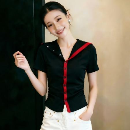 BY15643# 夏季新款排扣海军领撞色洋气褶皱收腰短袖T恤修身上衣 服裝批發女裝批發服飾貨源