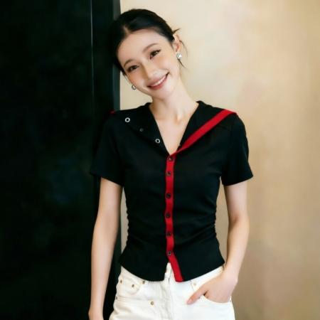 BY15643# 夏季新款排扣海军领撞色洋气褶皱收腰短袖T恤修身上衣 服裝批發女裝批發服飾貨源