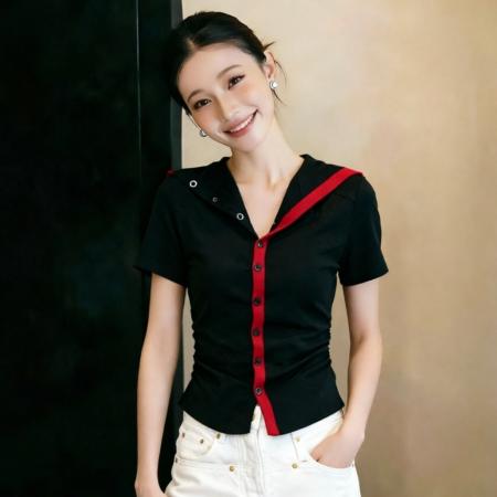 BY15643# 夏季新款排扣海军领撞色洋气褶皱收腰短袖T恤修身上衣 服裝批發女裝批發服飾貨源