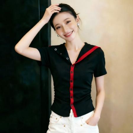 BY15643# 夏季新款排扣海军领撞色洋气褶皱收腰短袖T恤修身上衣 服裝批發女裝批發服飾貨源