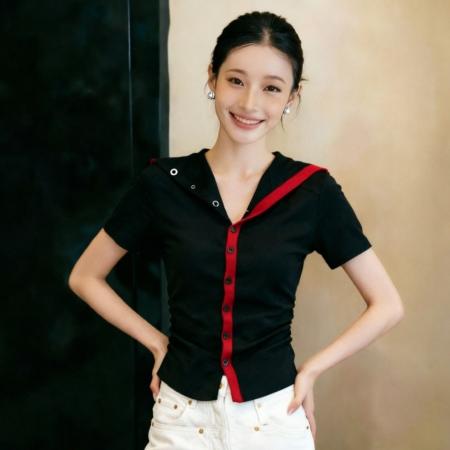 BY15643# 夏季新款排扣海军领撞色洋气褶皱收腰短袖T恤修身上衣 服裝批發女裝批發服飾貨源