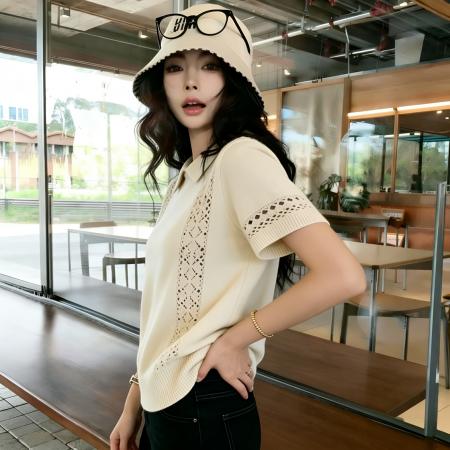 BY15644# 夏季新款温柔风气质通勤polo领针织镂空拼接短袖上衣女 服裝批發女裝批發服飾貨源