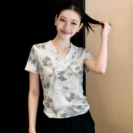 BY15645# 夏季新款V领复古扎染国风印花百搭显瘦短袖T恤上衣女 服裝批發女裝批發服飾貨源