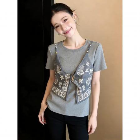 BY15646# 夏季新款新中式丝巾吊带拼接假两件圆领短袖T恤上衣女 服裝批發女裝批發服飾貨源