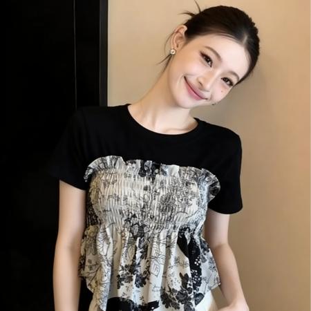 BY15647# 夏季新款设计感炸街不规则印花小清新甜美短袖T恤上衣 服裝批發女裝批發服飾貨源