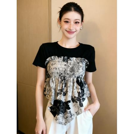 BY15647# 夏季新款设计感炸街不规则印花小清新甜美短袖T恤上衣 服裝批發女裝批發服飾貨源