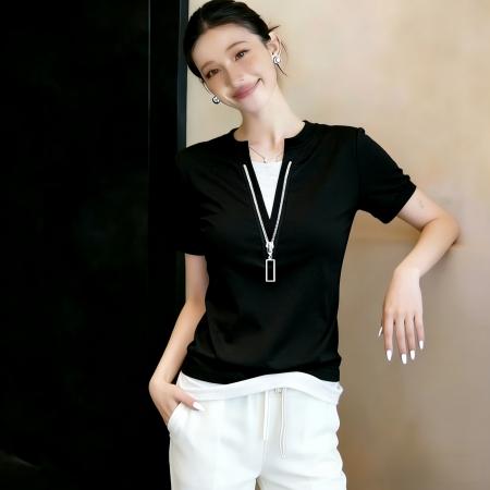 BY15649# 夏季新款假两件拉链设计感V领显瘦百搭短袖T恤上衣女 服裝批發女裝批發服飾貨源