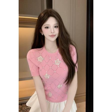 BY15657# 薄款短袖夏季镶钻设计感时尚潮流新款修身小个子百搭  服裝批發女裝批發服飾貨源