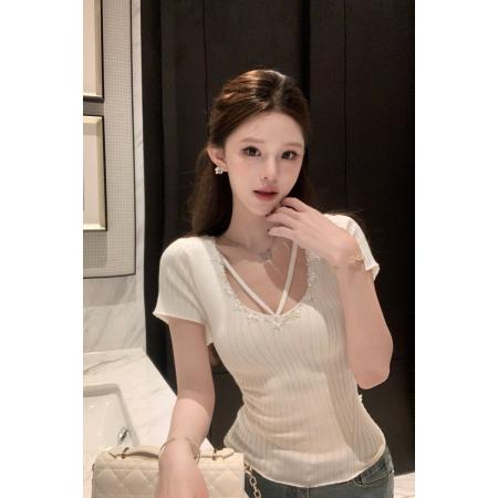 BY15665# 法式夏季纯欲辣妹薄款针织上衣女气质修身显瘦短袖新款  服裝批發女裝批發服飾貨源