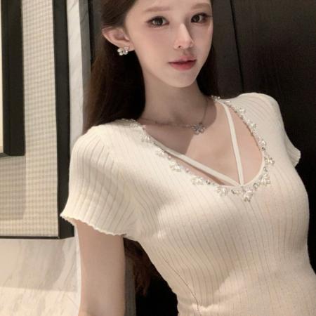 BY15665# 法式夏季纯欲辣妹薄款针织上衣女气质修身显瘦短袖新款  服裝批發女裝批發服飾貨源