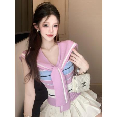 BY15668# 甜妹风针织上衣女粉蓝条纹+领带设计温柔减龄少女感穿搭上衣  服裝批發女裝批發服飾貨源