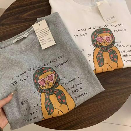 BY15677# 纯棉短袖T恤女夏韩版新款设计感卡通宽松大码oversize上衣  服裝批發女裝批發服飾貨源