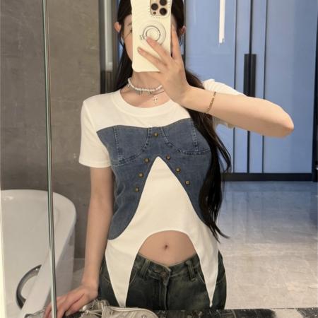 BY15682# 夏季韩版圆领拼接牛仔短袖修身显瘦不规则短款假两件别致T恤  服裝批發女裝批發服飾貨源
