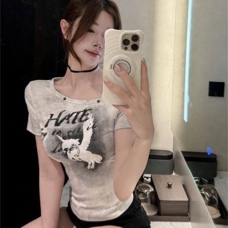 BY15684# 夏季韩版设计感低圆领拼接印花修身辣妹不规则短款抽褶T恤  服裝批發女裝批發服飾貨源