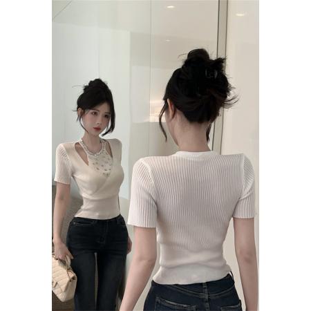 BY15686# 夏季V领拼接重工烫钻纯御风修身收腰性感打底设计感针织T恤  服裝批發女裝批發服飾貨源