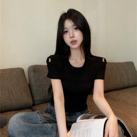 BY15687# 夏季韩版洋气设计感圆领拼接拉链修身显瘦辣妹短款百搭T恤  服裝批發女裝批發服飾貨源