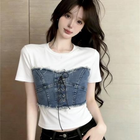 BY15689# 夏季韩版圆领拼接牛仔短袖修身辣妹设计感系带袖假两件T恤  服裝批發女裝批發服飾貨源