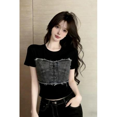 BY15689# 夏季韩版圆领拼接牛仔短袖修身辣妹设计感系带袖假两件T恤  服裝批發女裝批發服飾貨源