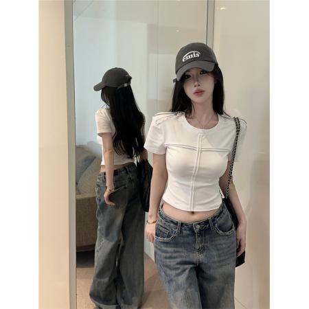 BY15711# 夏季韩版洋气设计感圆领拼接拉链修身显瘦辣妹短款百搭T恤  服裝批發女裝批發服飾貨源