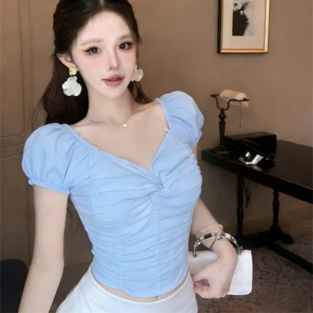 BY15717# 法式泡泡袖衬衫女夏季新款短款方领荷叶边修身上衣  服裝批發女裝批發服飾貨源