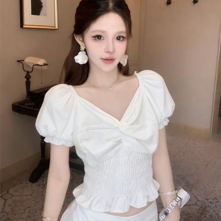 BY15717# 法式泡泡袖衬衫女夏季新款短款方领荷叶边修身上衣  服裝批發女裝批發服飾貨源