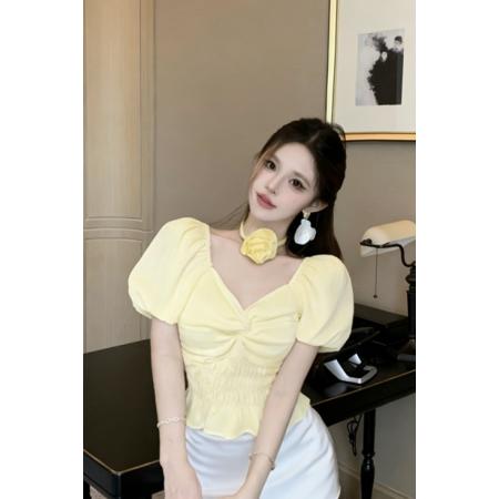 BY15717# 法式泡泡袖衬衫女夏季新款短款方领荷叶边修身上衣  服裝批發女裝批發服飾貨源