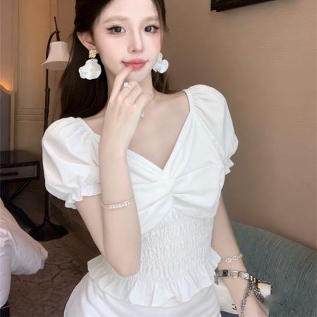 BY15717# 法式泡泡袖衬衫女夏季新款短款方领荷叶边修身上衣  服裝批發女裝批發服飾貨源