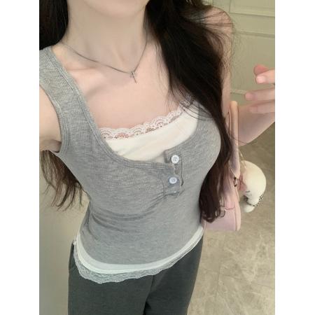 BY15720# 美式辣妹假两件红色背心女夏季内搭修身外穿绝美工字无袖吊带上衣  服裝批發女裝批發服飾貨源