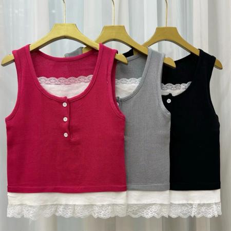 BY15720# 美式辣妹假两件红色背心女夏季内搭修身外穿绝美工字无袖吊带上衣  服裝批發女裝批發服飾貨源