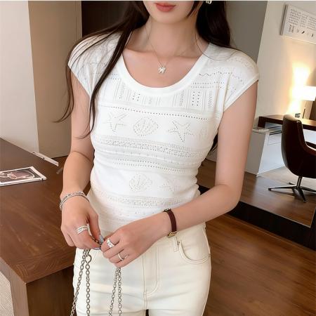 BY15722# 法式钩花镂空修身短袖针织衫女夏季薄款掐腰显瘦chic小飞袖短上衣  服裝批發女裝批發服飾貨源