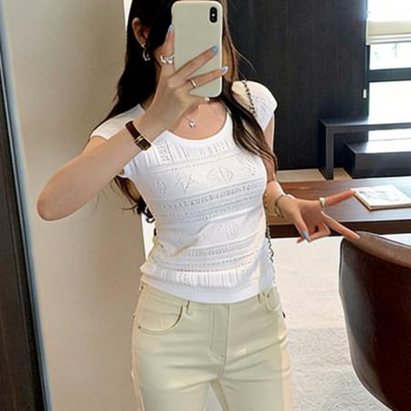 BY15722# 法式钩花镂空修身短袖针织衫女夏季薄款掐腰显瘦chic小飞袖短上衣  服裝批發女裝批發服飾貨源