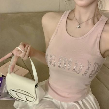 BY15723# 字母水钻无袖小背心吊带内搭女夏季辣妹绝美工字烫钻紧身上衣外穿  服裝批發女裝批發服飾貨源