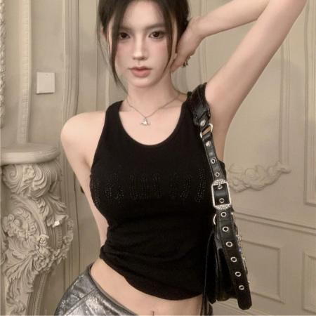 BY15723# 字母水钻无袖小背心吊带内搭女夏季辣妹绝美工字烫钻紧身上衣外穿  服裝批發女裝批發服飾貨源