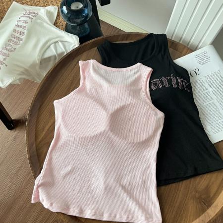 BY15723# 字母水钻无袖小背心吊带内搭女夏季辣妹绝美工字烫钻紧身上衣外穿  服裝批發女裝批發服飾貨源