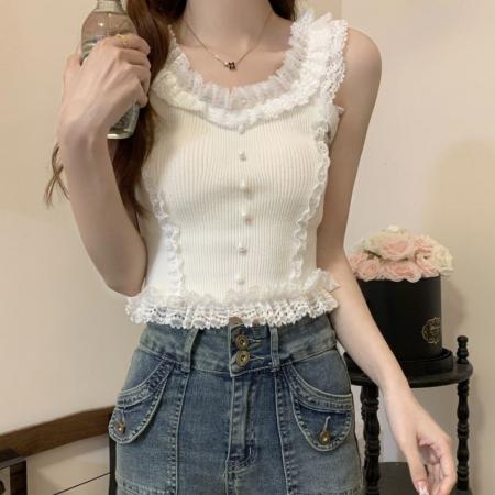 BY15725# 纯欲甜辣蕾丝花边吊带背心女夏辣妹修身显瘦针织打底无袖美背上衣  服裝批發女裝批發服飾貨源