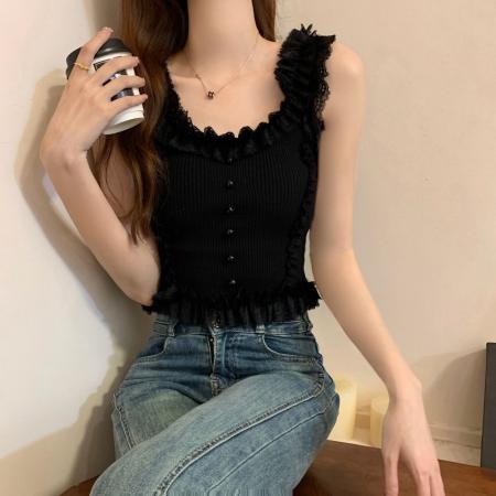 BY15725# 纯欲甜辣蕾丝花边吊带背心女夏辣妹修身显瘦针织打底无袖美背上衣  服裝批發女裝批發服飾貨源