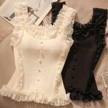 BY15725# 纯欲甜辣蕾丝花边吊带背心女夏辣妹修身显瘦针织打底无袖美背上衣  服裝批發女裝批發服飾貨源